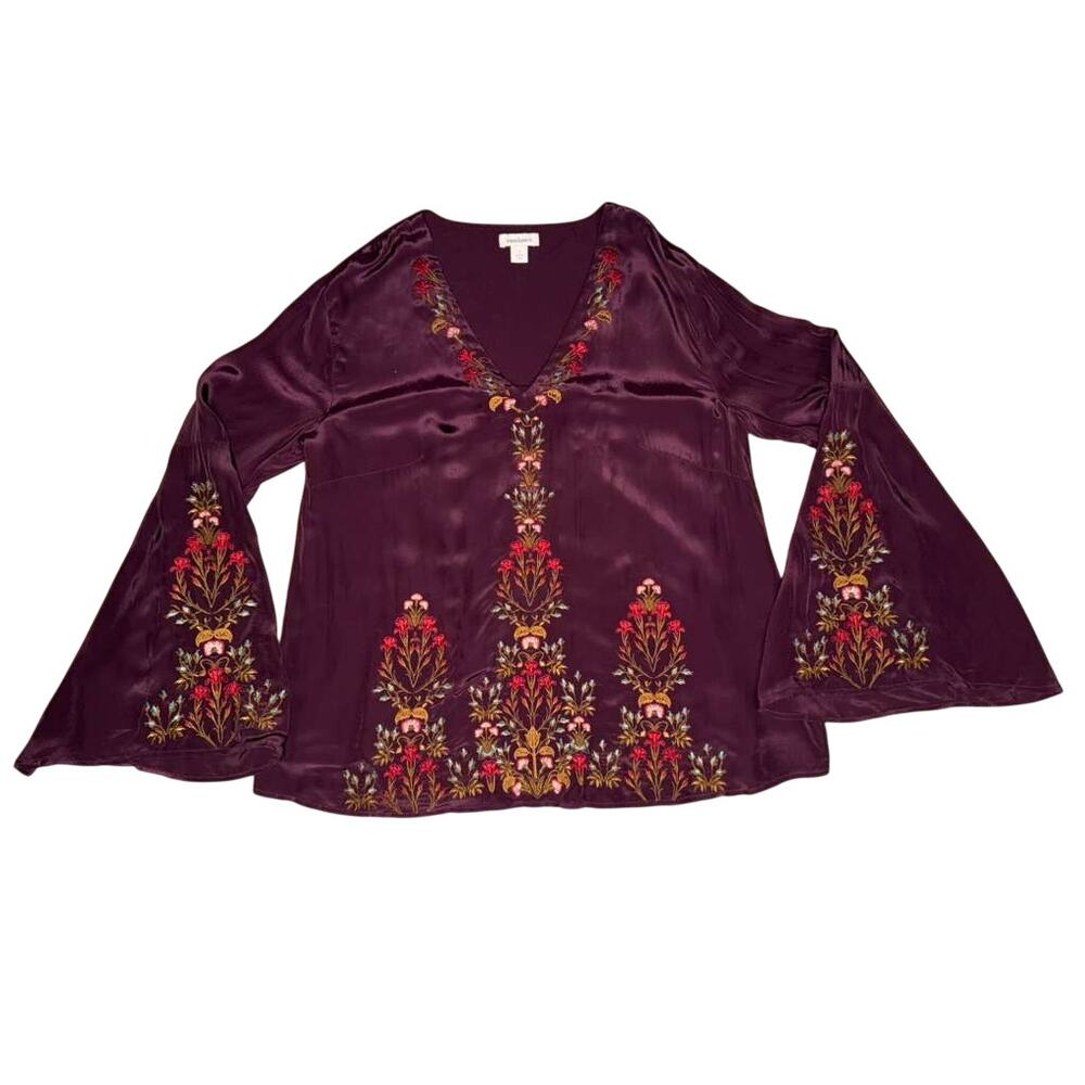 Sundance Embroidered Blouse Women's Small Burgundy V-Neck Bell Sleeve Boho - Picture 4 of 12